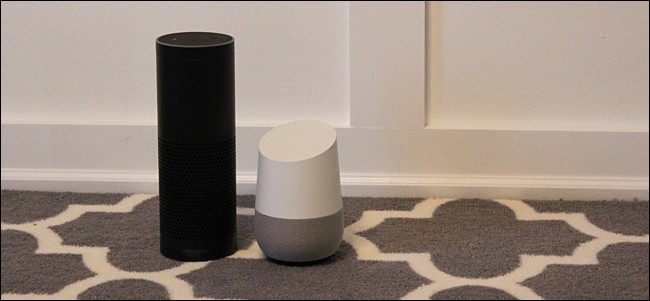 Un Amazon Echo e un Google Home fianco a fianco