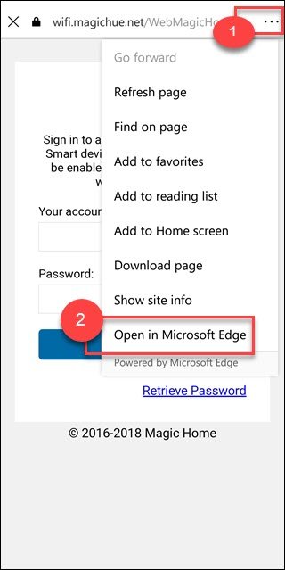 Pagina di configurazione dell'account con tre punti e Apri in Microsoft edge boxed