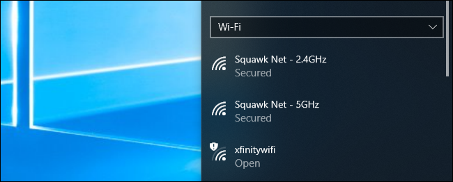 Menu di connessione di rete Wi-Fi su Windows 10