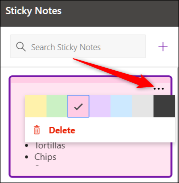 Fare clic sull'icona del menu Sticky Notes