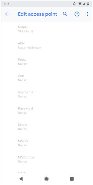 schermata di modifica del punto di accesso che mostra le opzioni in grigio