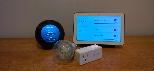 Un Echo Spot, Google Home Hub, GE smart Bulb e iclever smart plug