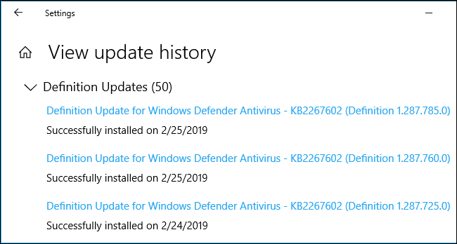 Cronologia degli aggiornamenti che mostra gli aggiornamenti delle definizioni di malware su Windows 10
