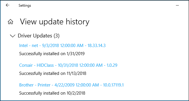 Cronologia degli aggiornamenti del driver nelle Impostazioni di Windows 10