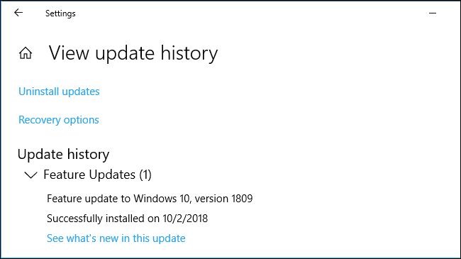 L'ultimo aggiornamento delle funzionalità installato nelle impostazioni di Windows 10