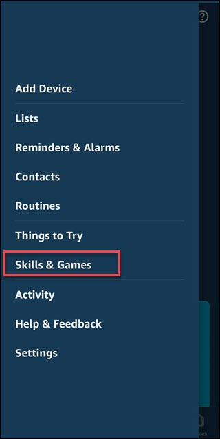 App Alexa con opzione box around Skills & Games