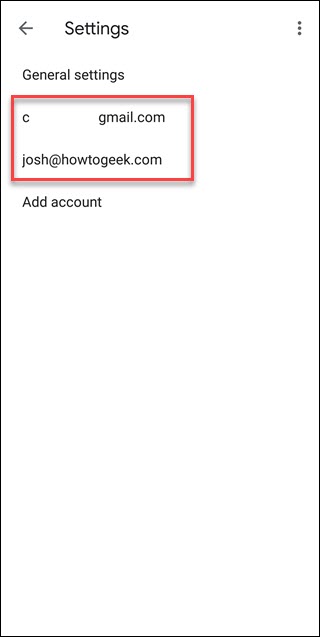 Pagina delle impostazioni di Gmail con un riquadro attorno agli account di posta elettronica