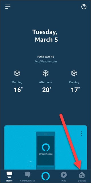 App Alexa con la freccia che punta verso l'opzione Dispositivi