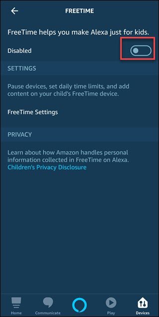 Schermata di Alexa App Freetime con riquadro intorno disabilitato