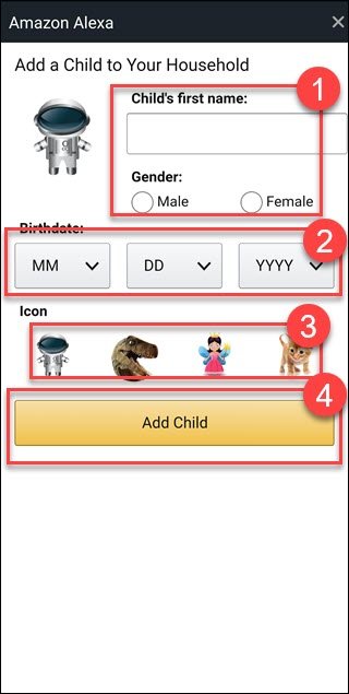 Finestra di dialogo Aggiungi figlio di Alexa, con riquadri attorno a nome, sesso, data di nascita, icona e pulsante Aggiungi figlio