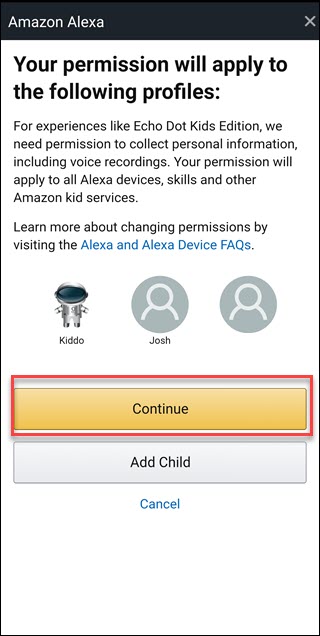 Schermata delle autorizzazioni di Alexa con riquadro attorno al pulsante Continua
