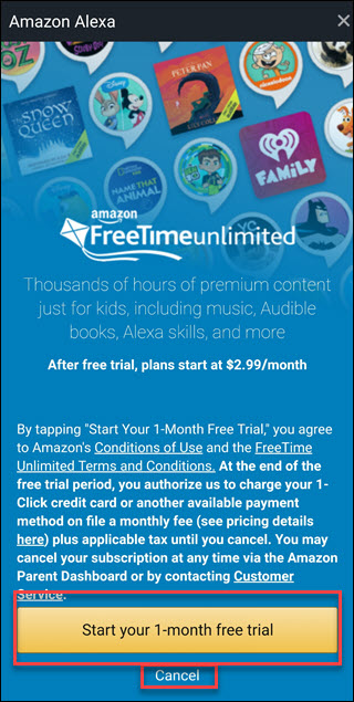 Schermata dell'offerta Freetime Unlimited con riquadri intorno Inizia la tua prova gratuita di 1 mese e annulla le opzioni