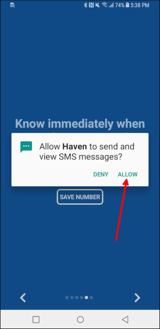 Richiesta di autorizzazione per messaggi SMS Haven