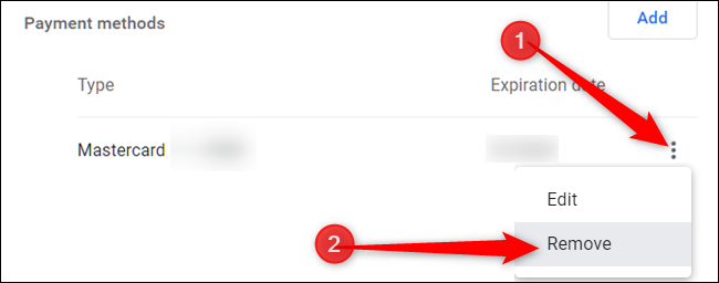 Fai clic sui tre punti accanto al metodo di pagamento, quindi fai clic su Rimuovi
