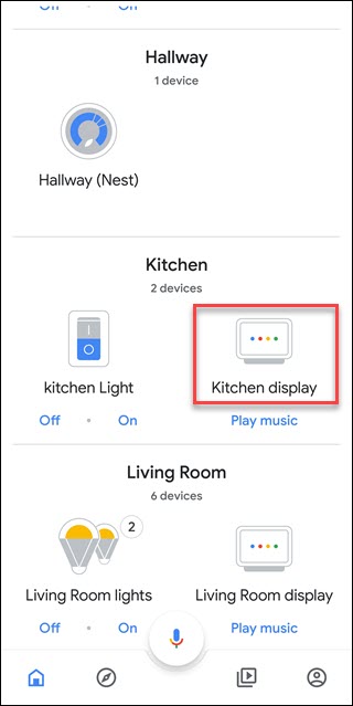 App Google Home con opzione box around Kitchen Display (un Google Home Hub denominato)