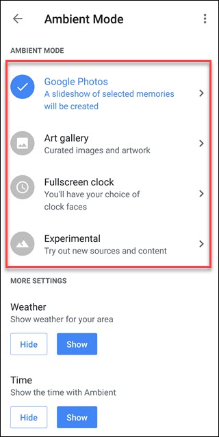 Impostazioni della modalità ambiente con chiamate in giro per Google Foto, Galleria d'arte, ecc
