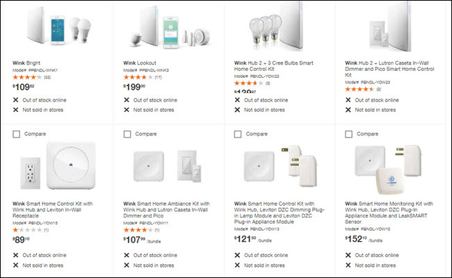 Sito di Home Depot che mostra tutti i prodotti Wink esauriti online e non venduti nei negozi.
