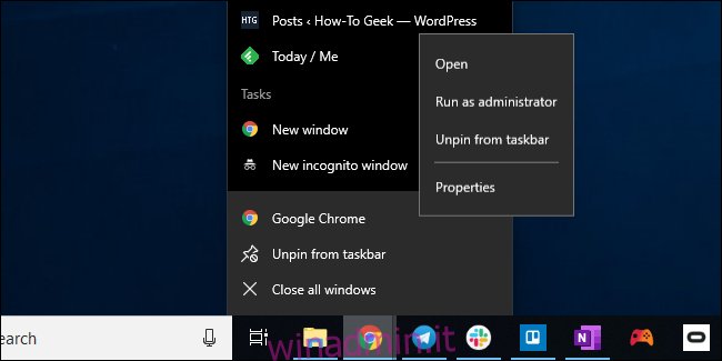 Apertura della finestra delle proprietà del collegamento sulla barra delle applicazioni di Chrome su Windows 10