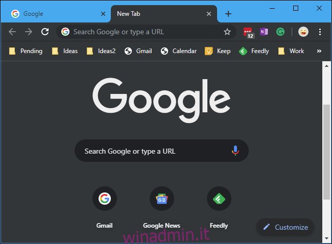 Modalità oscura incorporata di Chrome su Windows 10 che mostra la nuova pagina della scheda