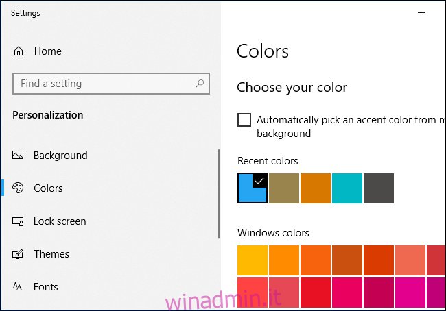 Scegliere un colore accento su Windows 10