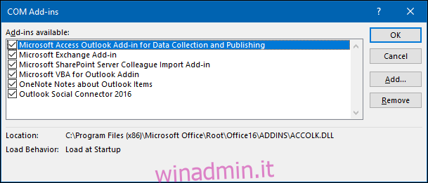La finestra di dialogo Componenti aggiuntivi COM