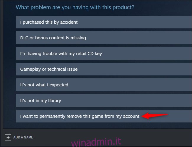 Opzione per rimuovere definitivamente un gioco da un account Steam