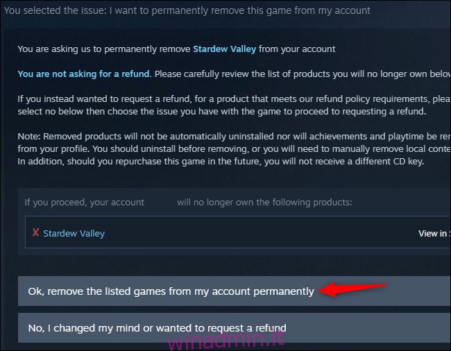 Conferma per la rimozione di un gioco Steam