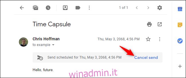 Opzione per annullare l'invio di un'e-mail pianificata in Gmail per Chrome