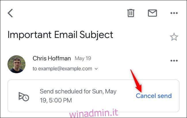 Annulla l'opzione di invio per un'e-mail pianificata in Gmail su iPhone