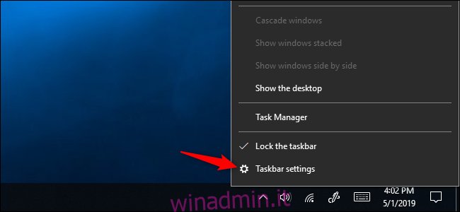 Opzione del menu di scelta rapida Impostazioni della barra delle applicazioni su Windows 10