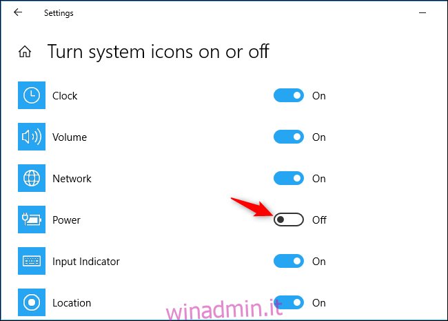 Opzione per mostrare l'icona della batteria sulla barra delle applicazioni di Windows 10 nell'app Impostazioni