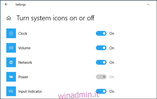 Opzione icona di alimentazione disattivata su un PC desktop con Windows 10