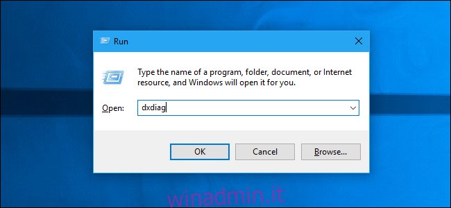 Avvio di dxdiag dalla finestra di dialogo Esegui di Windows 10