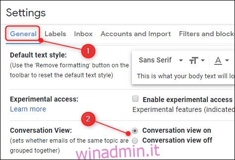 L'impostazione Visualizzazione per conversazione in Gmail
