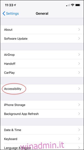 Screenshot della pagina delle impostazioni generali dell'iPhone.