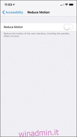 Uno screenshot della pagina Riduci movimento dell'iPhone.