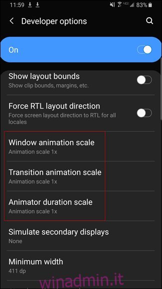 Impostazioni della scala dell'animazione nella schermata delle opzioni sviluppatore di Android.