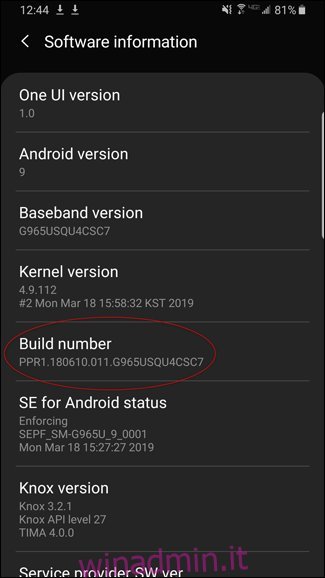 Opzione numero build nelle impostazioni del telefono Android