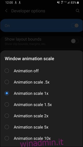 Varie opzioni di scala di animazione della finestra su Android