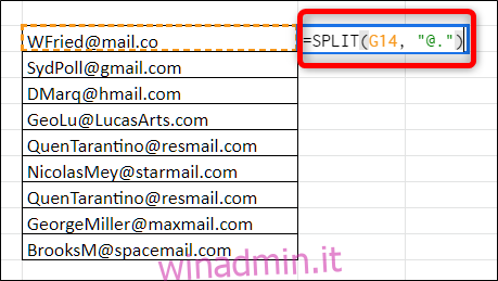 Fare clic su una cella vuota e digitare = SPLIT (cell_with_data, 