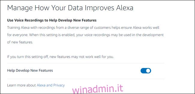 Dashboard per la privacy di Alexa con interruttore `` aiuta a sviluppare nuove funzionalità ''.