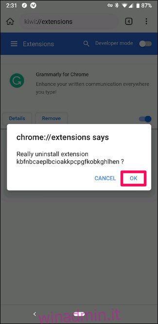 Disinstallazione di un'estensione in Kiwi Browser