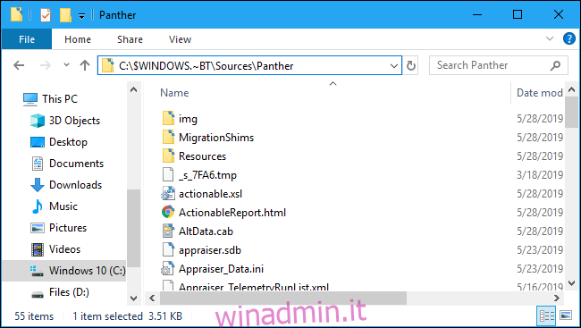 Registro dei messaggi di errore di installazione di Windows 10 Cartella Panther