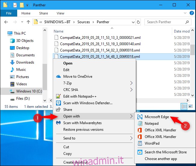 Apertura di un file di registro XML CompatData su Windows 10