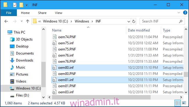 File INF OEM nella cartella di sistema di Windows 10