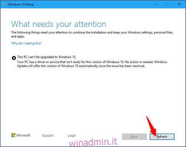 Riprendere l'installazione di Windows 10 con il pulsante Aggiorna