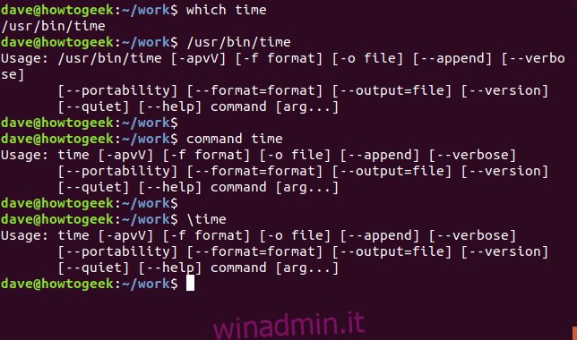 output del comando time in una finestra di terminale