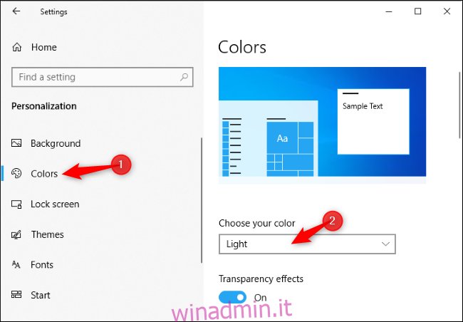 Abilitazione del tema chiaro nell'app Impostazioni di Windows 10