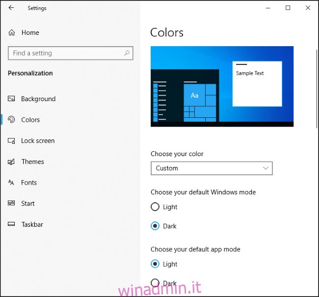 Vecchia modalità Windows scura di Windows 10 e modalità app leggera