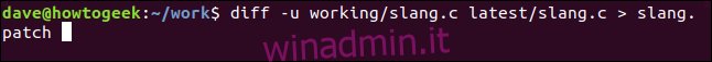 diff -u working / slang.c latest / slang.c> slang.patch in a terminal window “width =” 646 ″ height = “57” onload = “pagespeed.lazyLoadImages.loadIfVisibleAndMaybeBeacon (this);”  onerror = “this.onerror = null; pagespeed.lazyLoadImages.loadIfVisibleAndMaybeBeacon (this);”> </p>
<p> Il nome del file di patch è arbitrario.  Puoi chiamarlo come preferisci.  Dare un’estensione “.patch” è una buona idea;  tuttavia, poiché rende chiaro che tipo di file è. </p>
<div style=